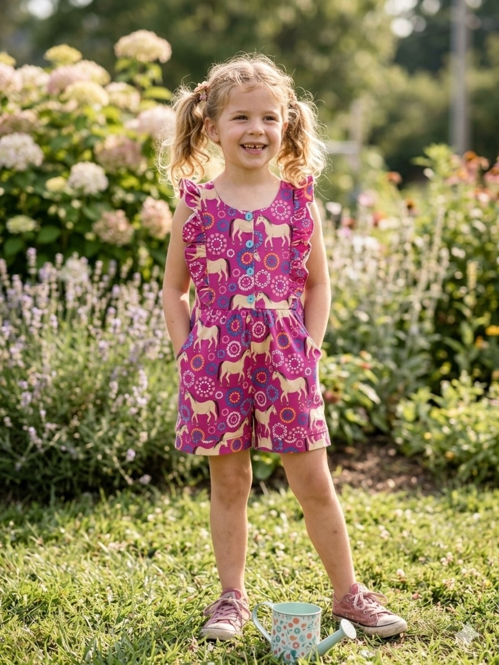 Girls' Pink Horse-Print Ruffle Romper